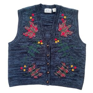 Cricket Lane Women Petite Med Navy Plaid Flannel Fall Leaves Button Sweater Vest
